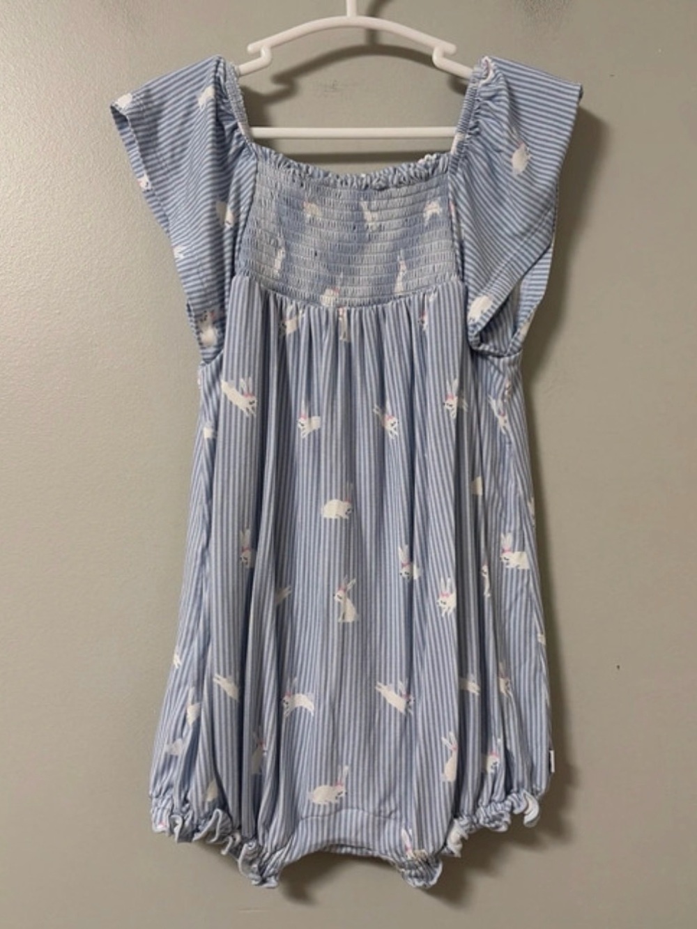Little Sleepies Blue & White Striped Bunny Bubble Romper Smocked Flutter Sleeves